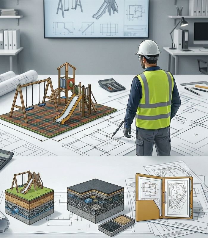 Un-cropped outdoor playground surfacing and equipment from Gkiokas Group